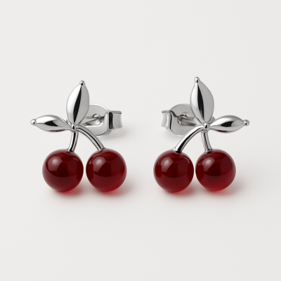 Σκουλαρίκια Κερασάκια Ασημί Καρφωτά 